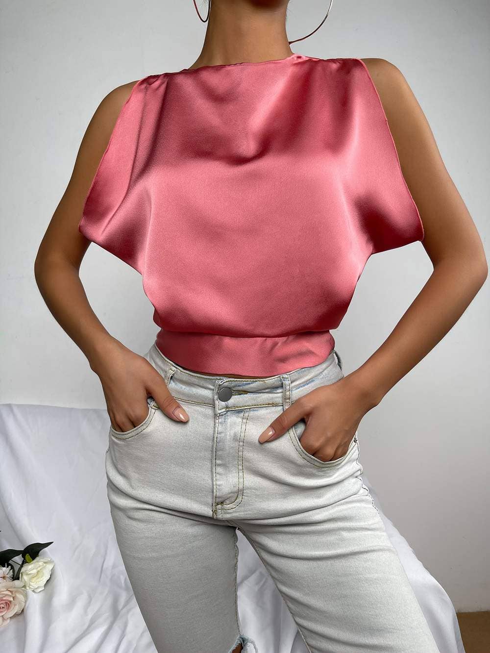 Tie back boat neck satin crop top