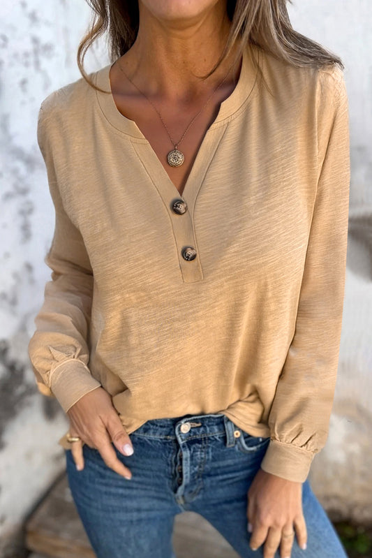 Light French Beige Casual Button V Neck Long Sleeve T-Shirt