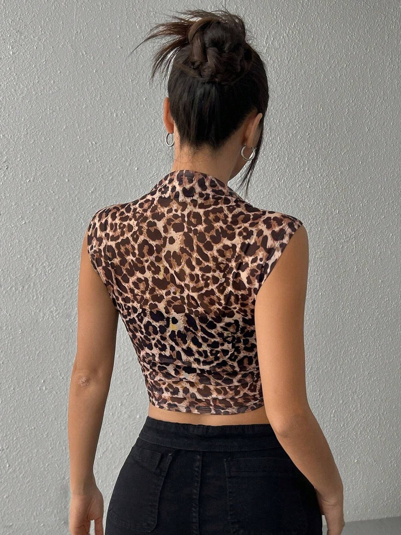 Women’s Leopard Print Sheer Top Sleeveless Tee