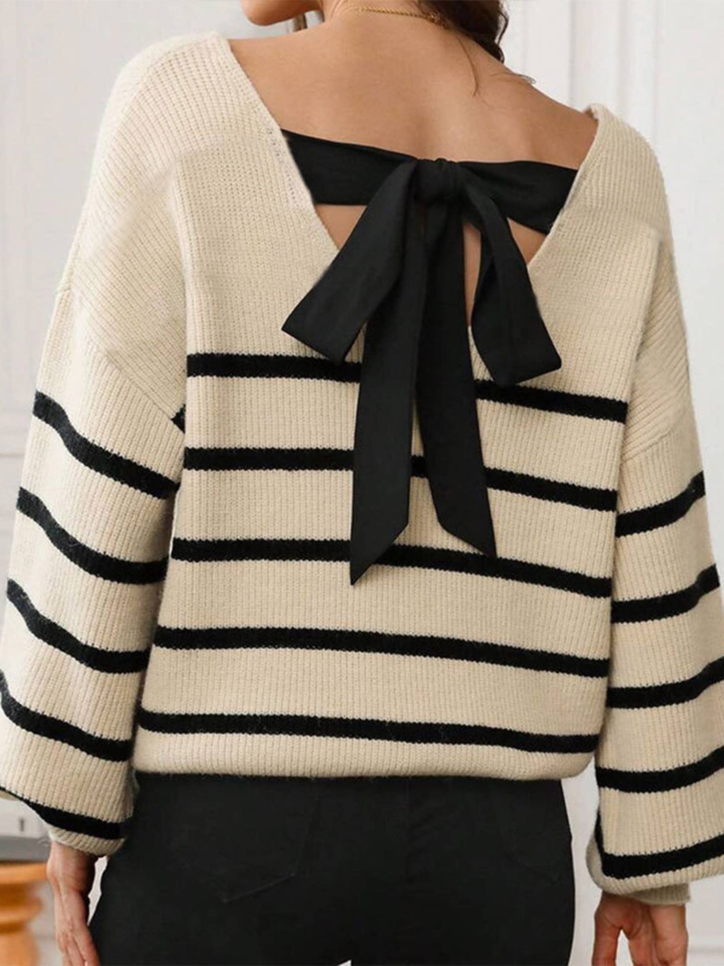 Striped Contrasting Lace Up Loose Sweater