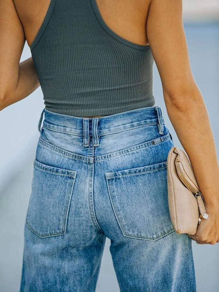 Blue fringe denim irregular raised waist trousers