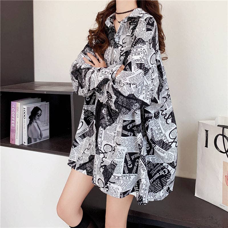 Plus Size Newspaper Print Shirt Women Loose Fit Spring Fashion