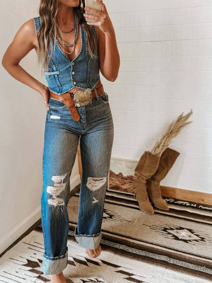 Single breasted v neck jacket denim vest