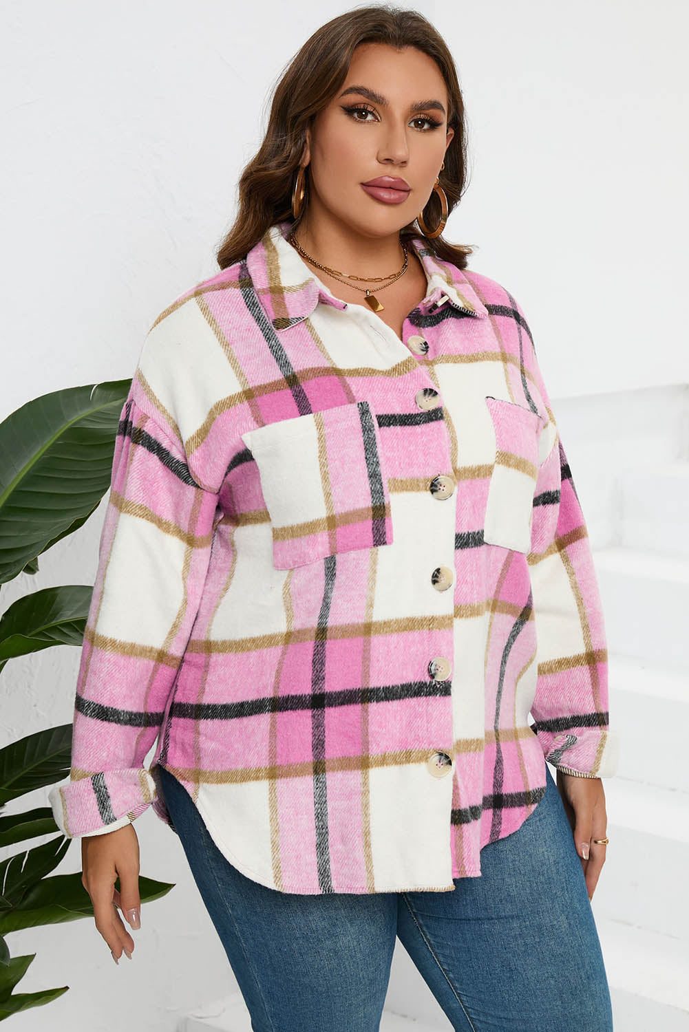 Pink Plaid Color Block Buttoned Long Sleeve Jacket with Pocket