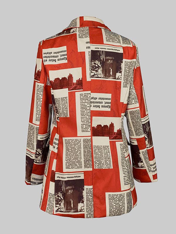 Newspaper Print Loose Notched Collar Long Sleeve Blazer