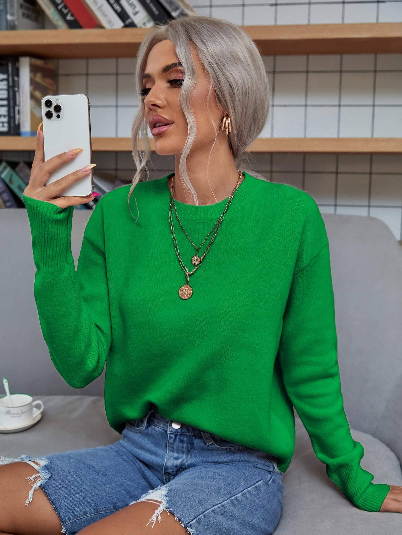 Solid drop shoulder sweater