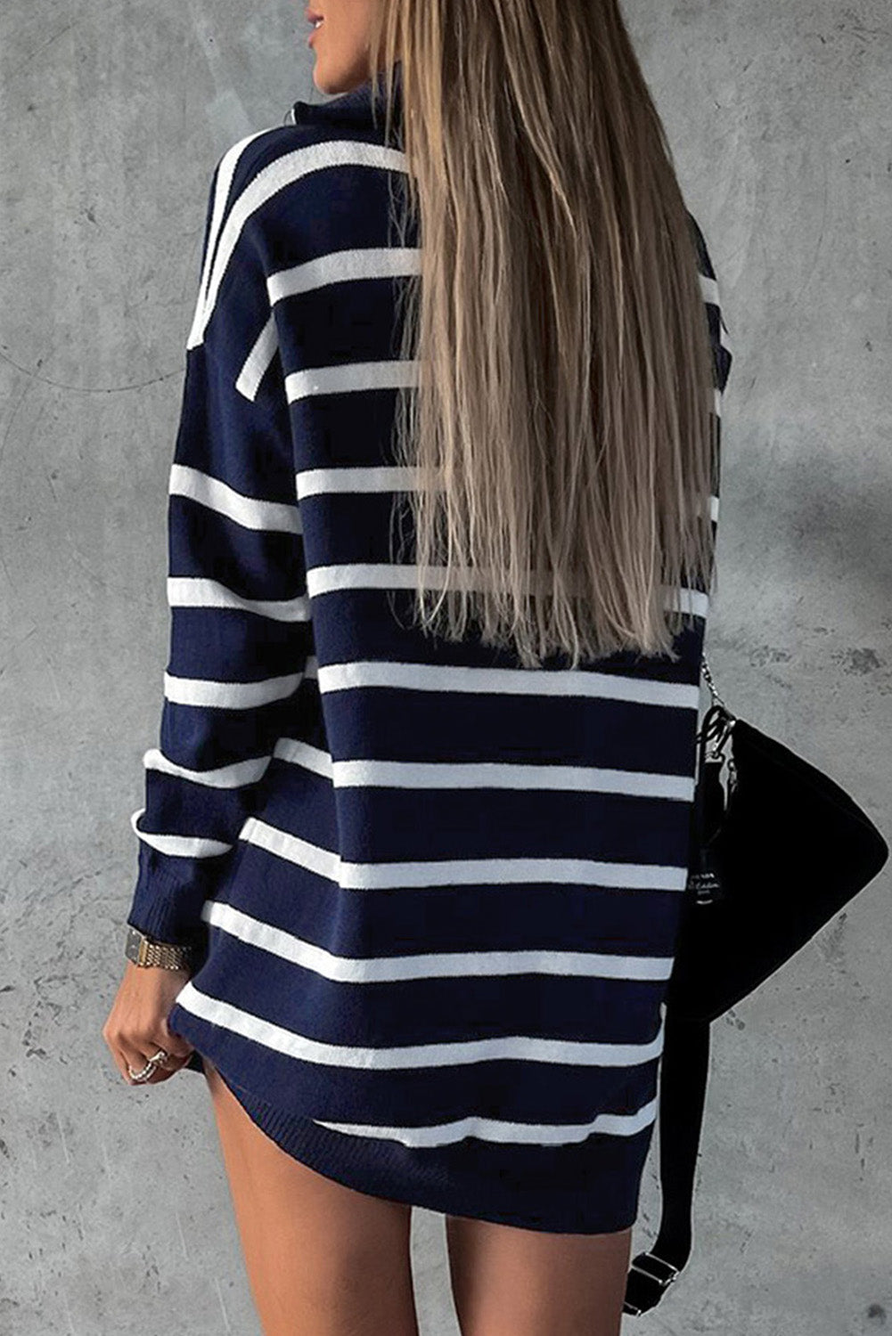 Blue Striped O-ring Zip Collared Loose Sweater Mini Dress