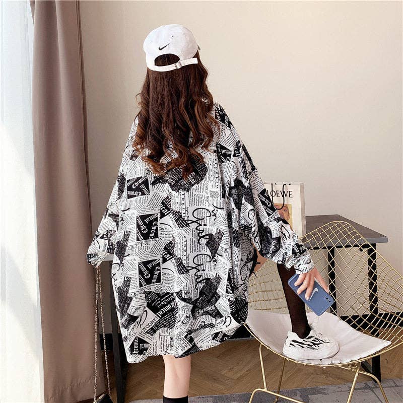 Plus Size Newspaper Print Shirt Women Loose Fit Spring Fashion