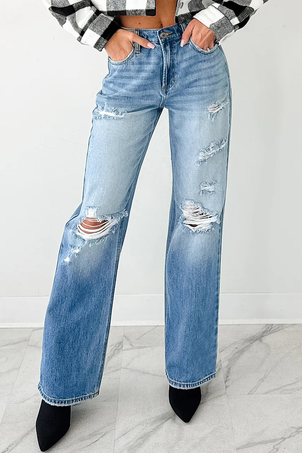 Myosotis Mid Rise Distressed Straight Leg Jeans