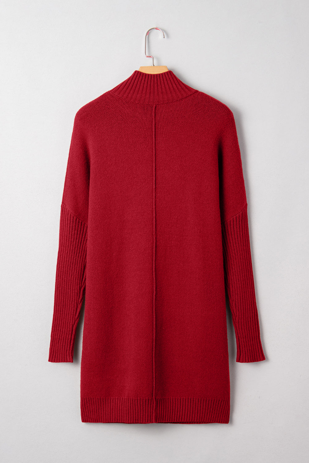 Fiery Red Ribbed High Neck Front Pockets Center Seam Sweater Dress