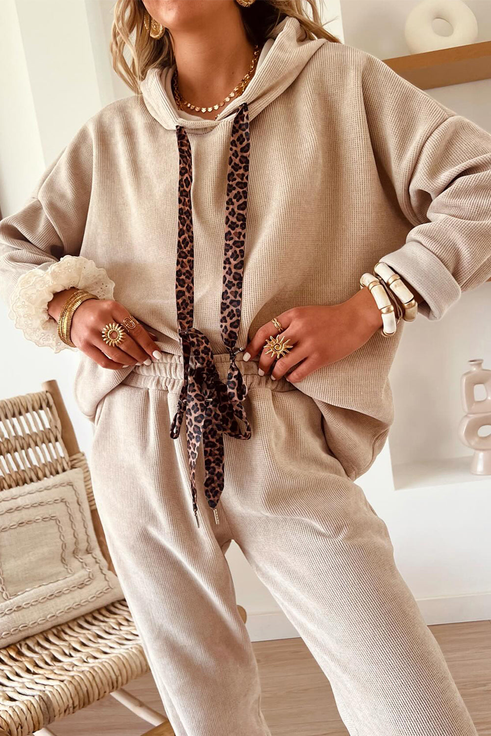 Parchment Drawstring Pullover Hoodie and High Waist Pants Corduroy Suit