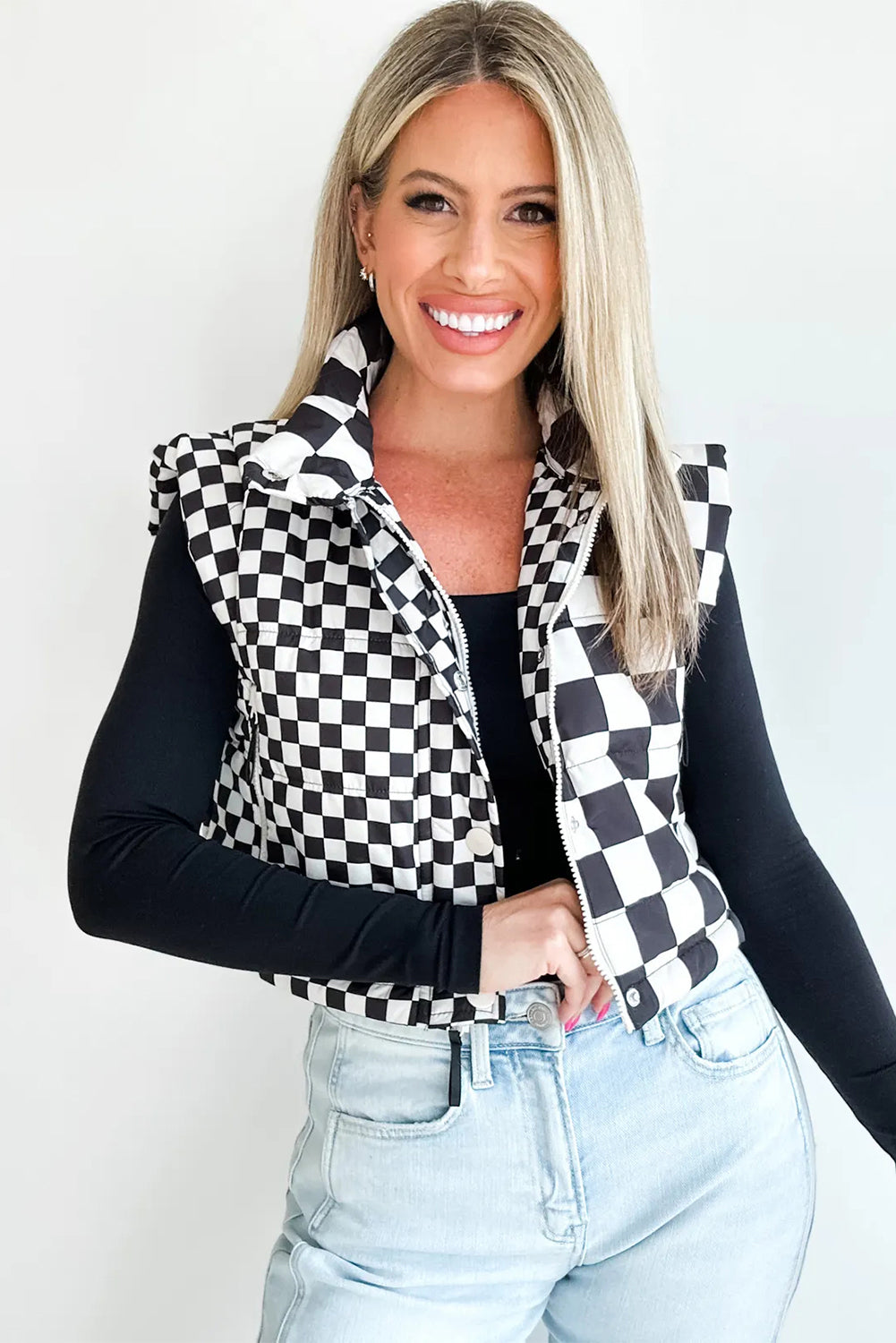 Black Checkered Stand Collar Cropped Puffer Vest