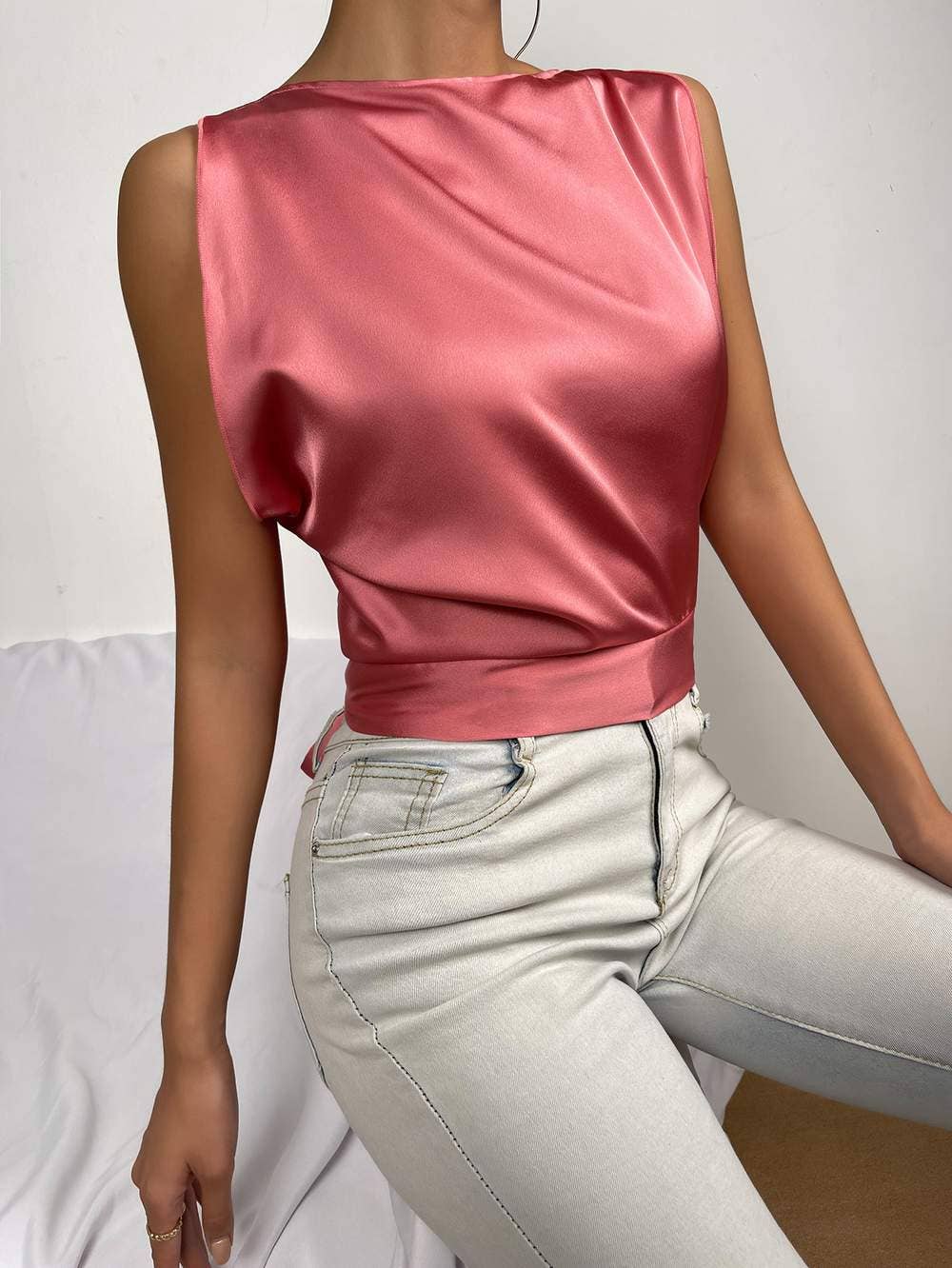 Tie back boat neck satin crop top