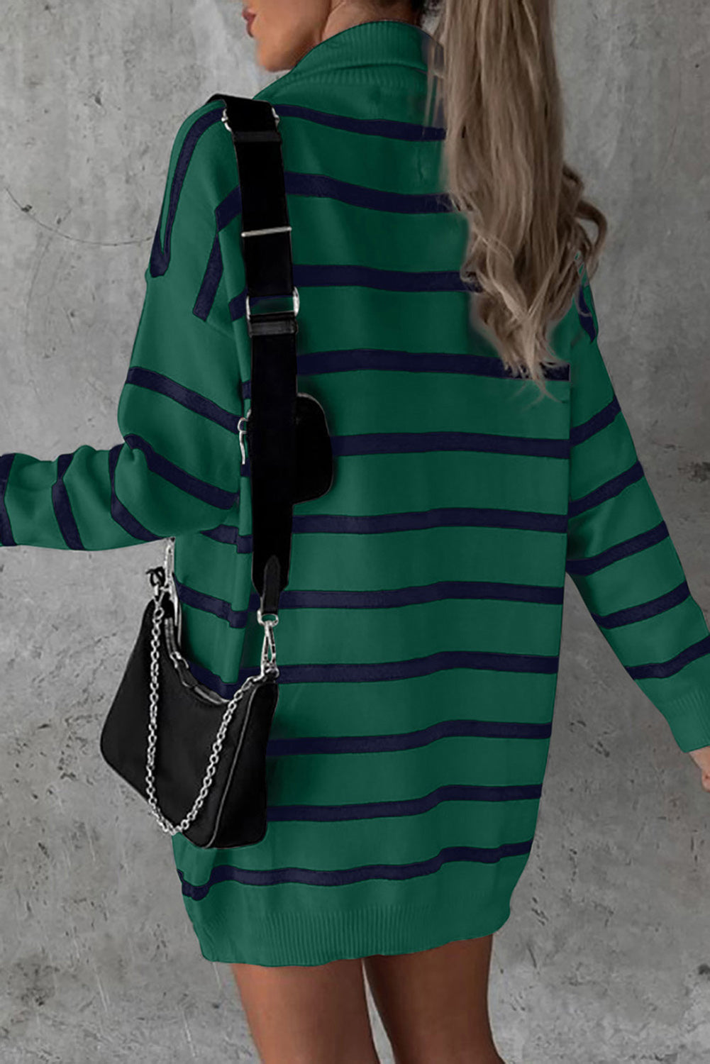 Green Striped O-ring Zip Collared Loose Sweater Mini Dress