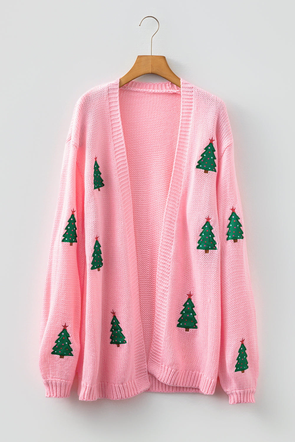 Light Pink Christmas Tree Print Open Front Drop Shoulder Midi Cardigan