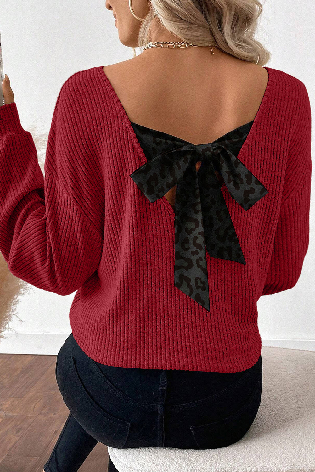 Racing Red Leopard Back Bow Ribbed Top
