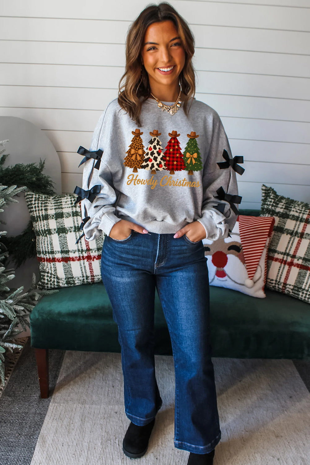 Light Grey Howdy Christmas 4 Trees Heat Transfer Printing Ribbon Bow Decor Sweatshirt