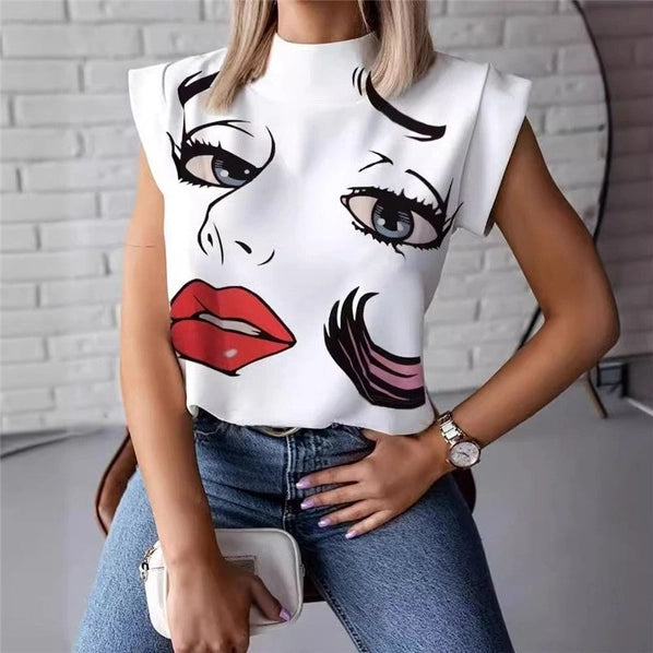 Minimalist Lips Print Short Sleeve T-Shirt with Stand Collar